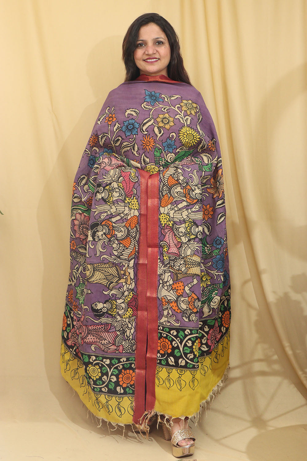 Exquisite Purple Kalamkari Hand Painted Pure Bangalore Silk Dupatta - Luxurion World