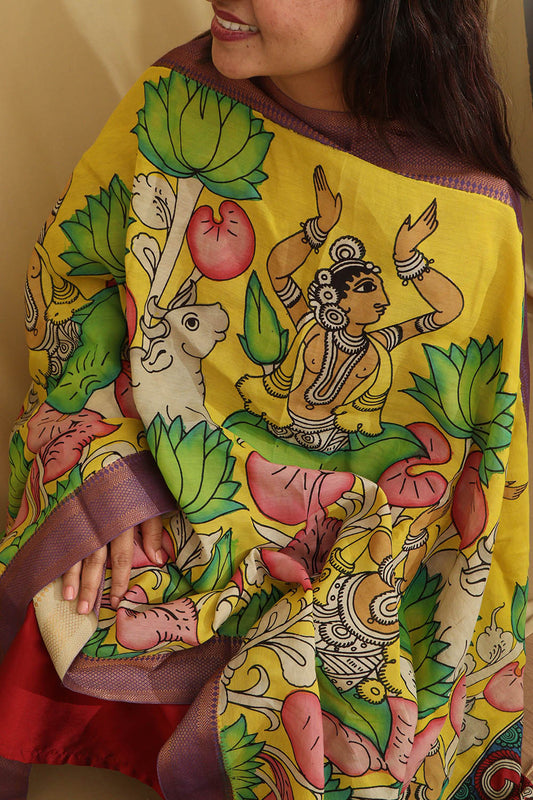 Yellow Kalamkari Hand Painted Pure Bangalore Silk Dupatta - Luxurion World