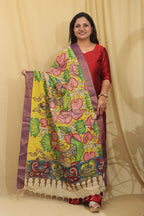 Yellow Kalamkari Hand Painted Pure Bangalore Silk Dupatta - Luxurion World