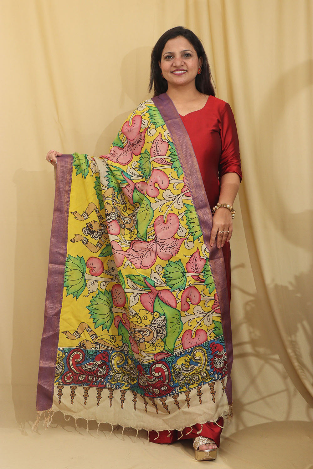 Yellow Kalamkari Hand Painted Pure Bangalore Silk Dupatta - Luxurion World