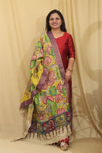Yellow Kalamkari Hand Painted Pure Bangalore Silk Dupatta - Luxurion World