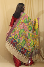 Yellow Kalamkari Hand Painted Pure Bangalore Silk Dupatta - Luxurion World