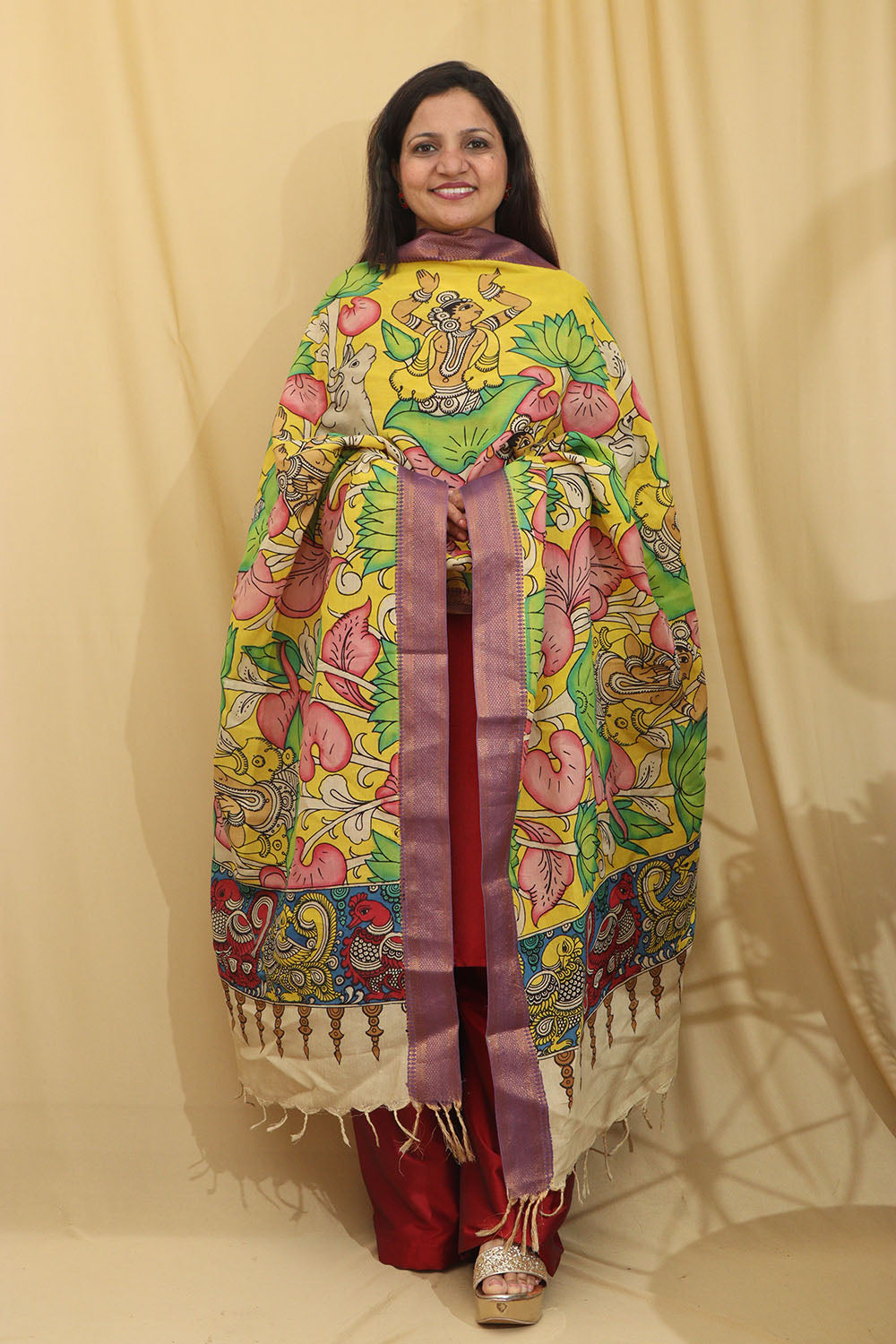 Yellow Kalamkari Hand Painted Pure Bangalore Silk Dupatta - Luxurion World