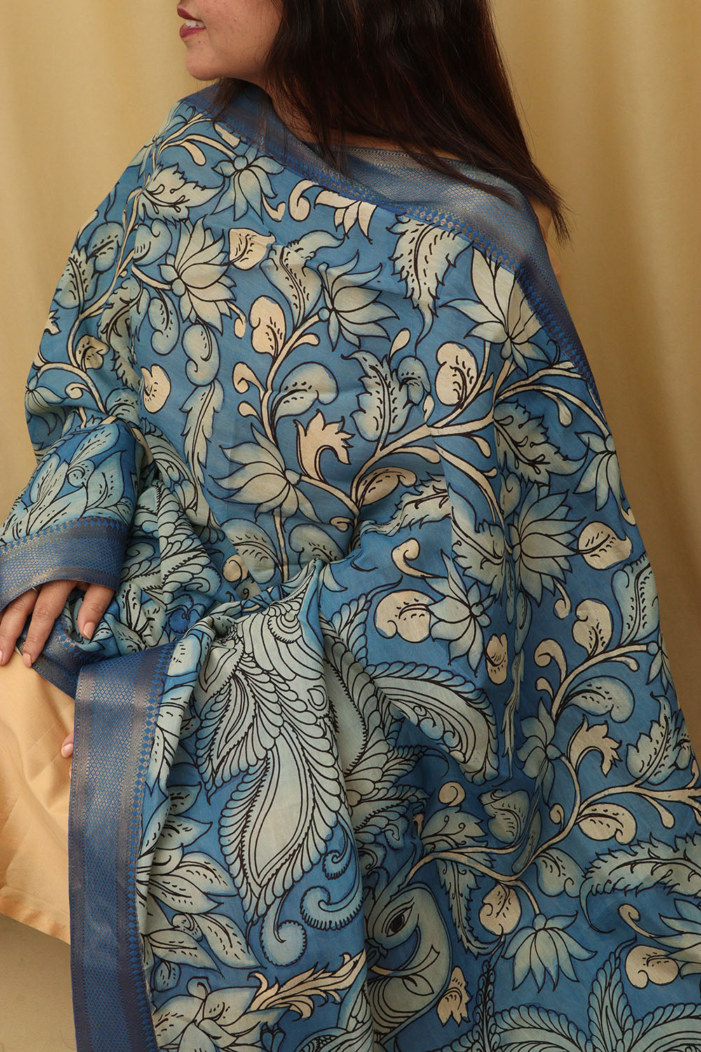 Blue Kalamkari Hand Painted Pure Bangalore Silk Dupatta - Luxurion World