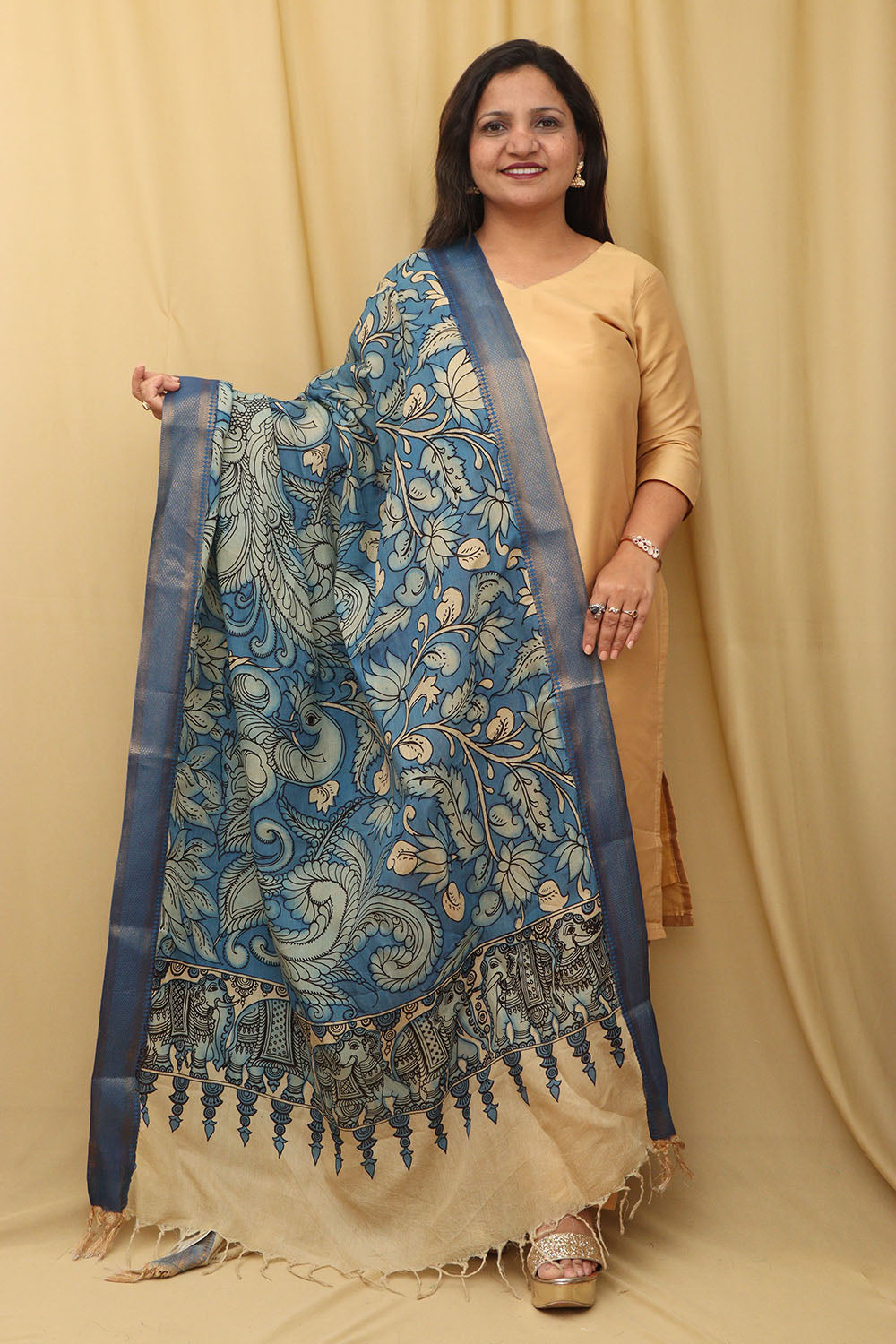 Blue Kalamkari Hand Painted Pure Bangalore Silk Dupatta - Luxurion World
