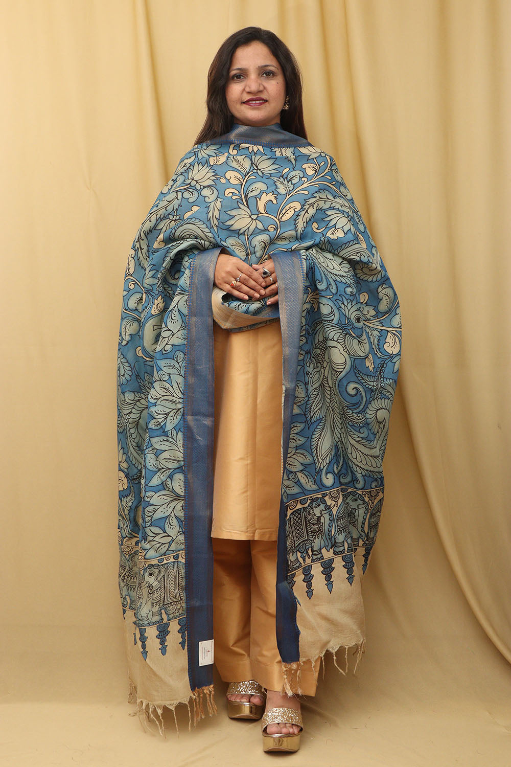 Blue Kalamkari Hand Painted Pure Bangalore Silk Dupatta - Luxurion World