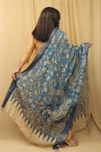 Blue Kalamkari Hand Painted Pure Bangalore Silk Dupatta - Luxurion World