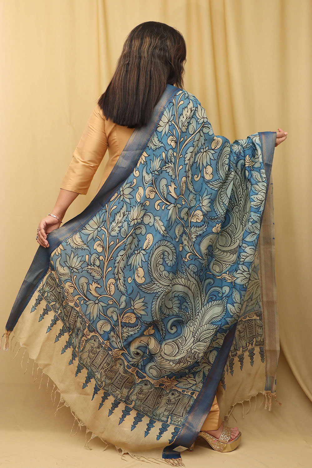 Blue Kalamkari Hand Painted Pure Bangalore Silk Dupatta - Luxurion World