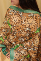 Exquisite Golden Kalamkari Hand Painted Pure Bangalore Silk Dupatta - Luxurion World