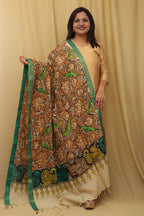 Exquisite Golden Kalamkari Hand Painted Pure Bangalore Silk Dupatta - Luxurion World