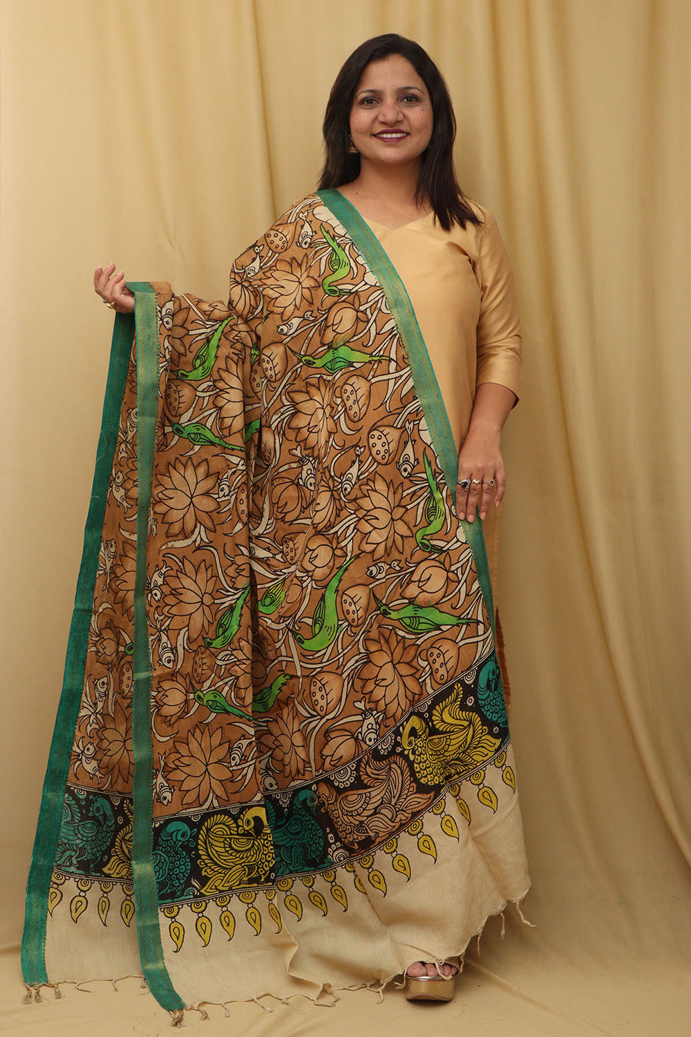 Exquisite Golden Kalamkari Hand Painted Pure Bangalore Silk Dupatta - Luxurion World