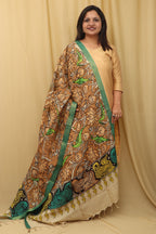 Exquisite Golden Kalamkari Hand Painted Pure Bangalore Silk Dupatta - Luxurion World