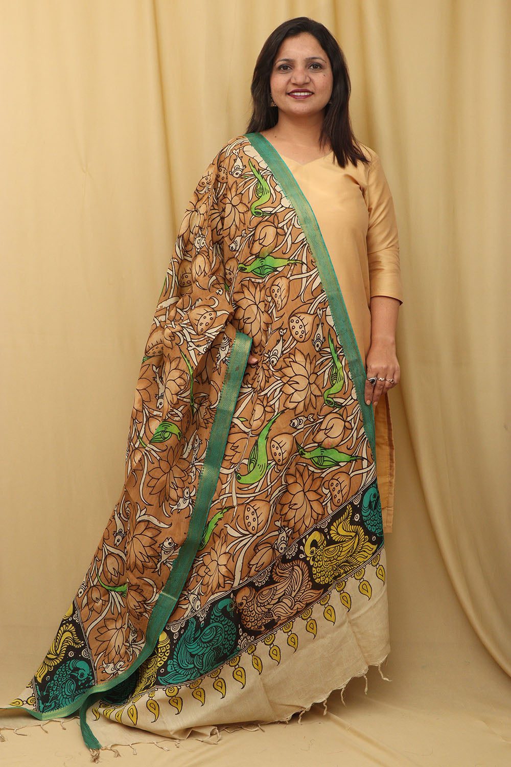 Exquisite Golden Kalamkari Hand Painted Pure Bangalore Silk Dupatta - Luxurion World