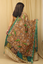 Exquisite Golden Kalamkari Hand Painted Pure Bangalore Silk Dupatta - Luxurion World
