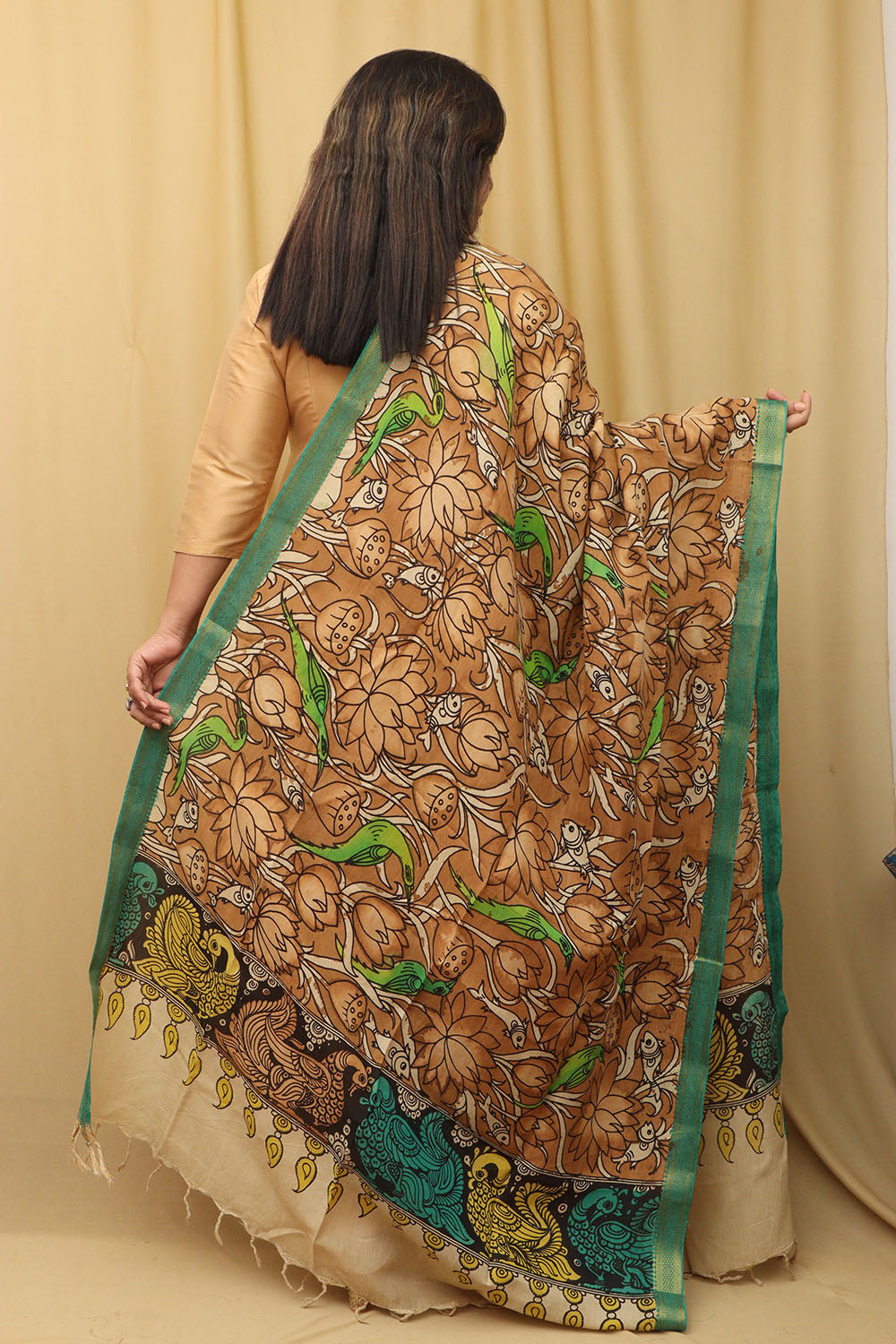 Exquisite Golden Kalamkari Hand Painted Pure Bangalore Silk Dupatta - Luxurion World
