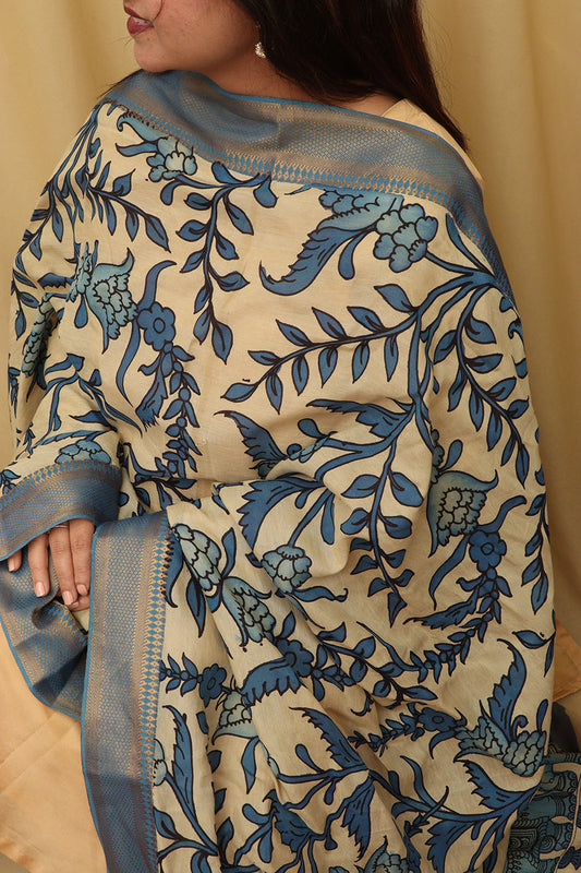 Blue Kalamkari Hand Painted Pure Bangalore Silk Dupatta - Luxurion World