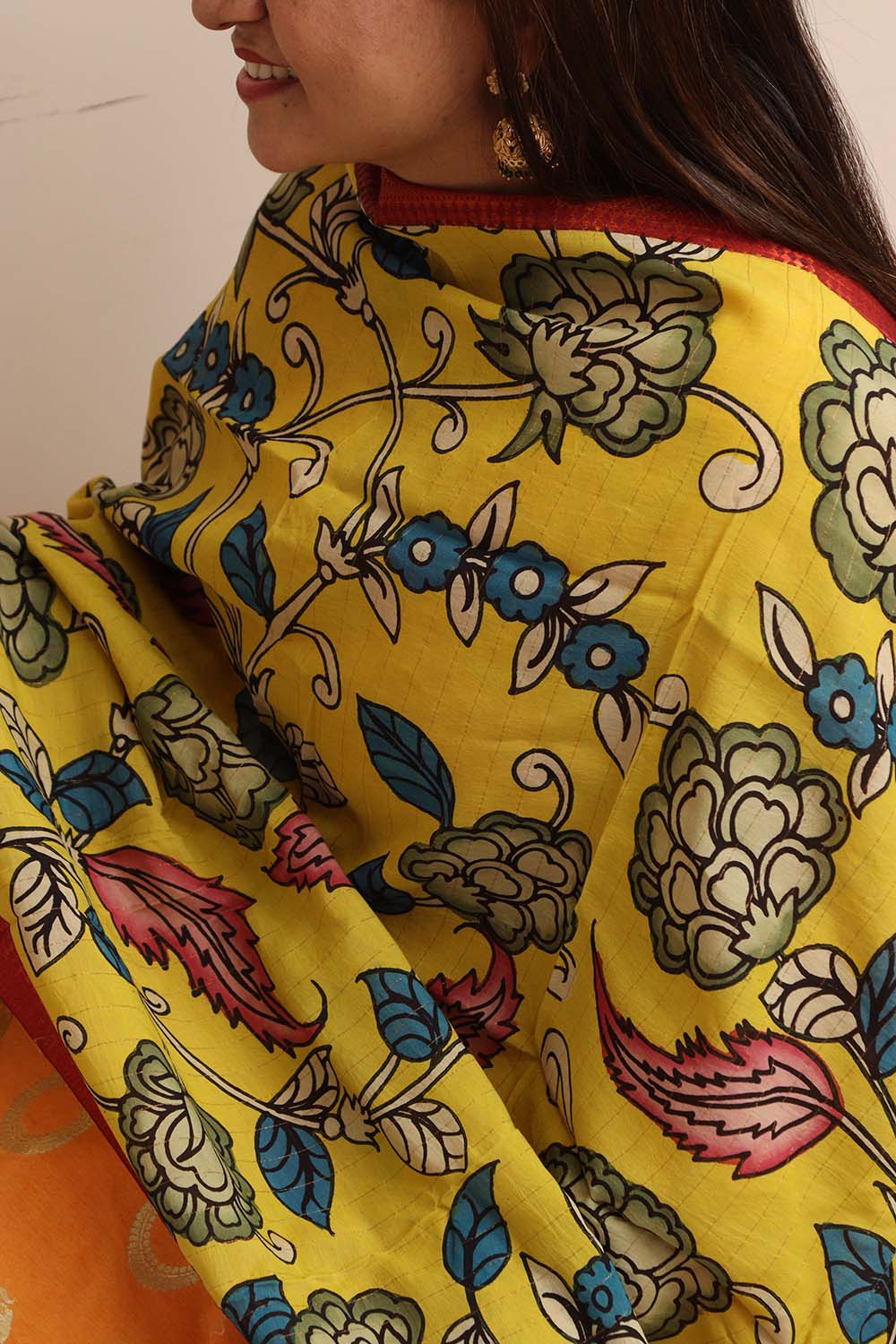 Yellow Hand Painted Kalamkari Pure Bangalore Silk Dupatta - Luxurion World