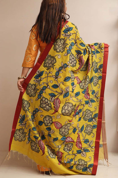 Yellow Hand Painted Kalamkari Pure Bangalore Silk Dupatta - Luxurion World
