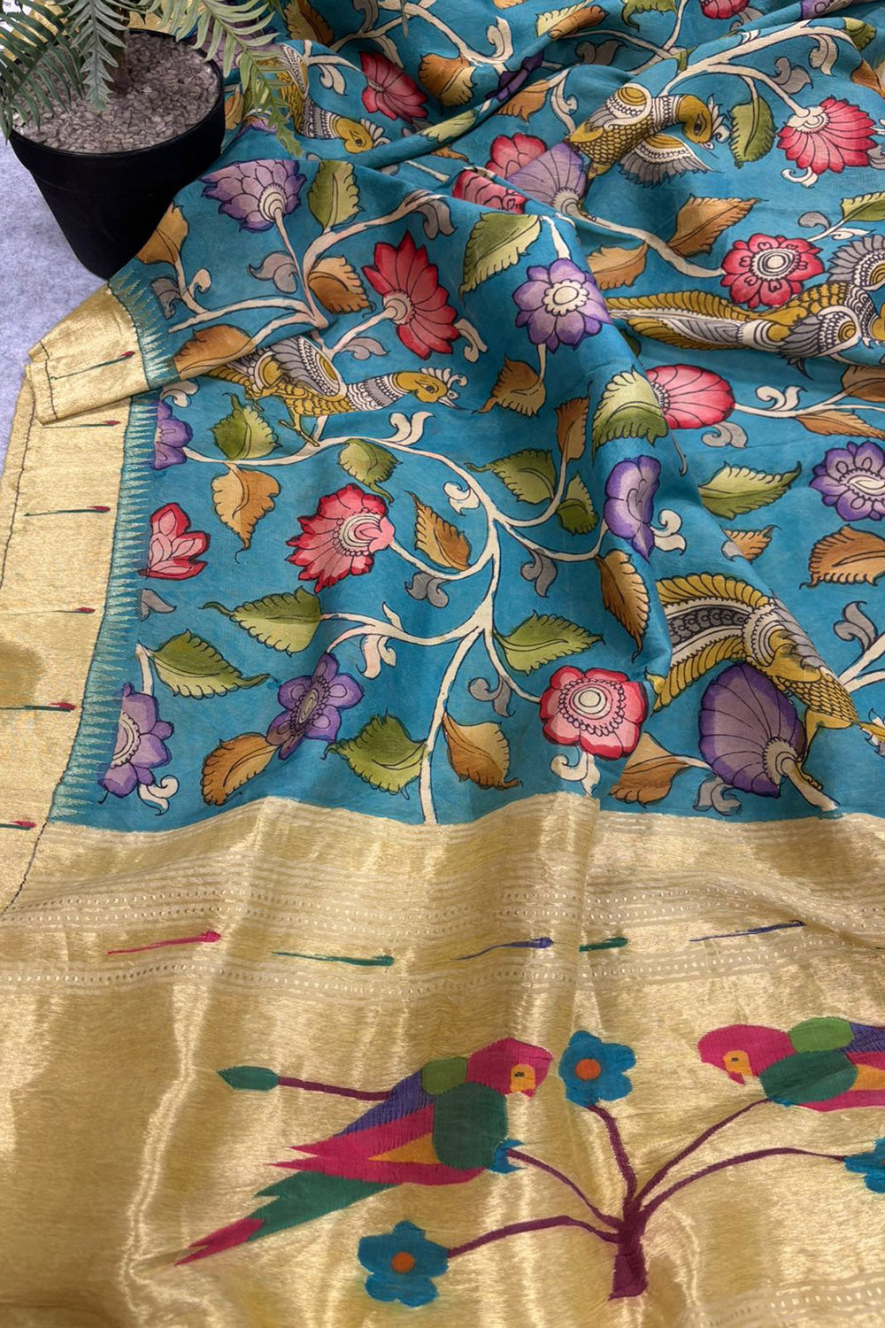 Multicolor Handloom Paithani With Kalamkari Pure Silk Dupatta