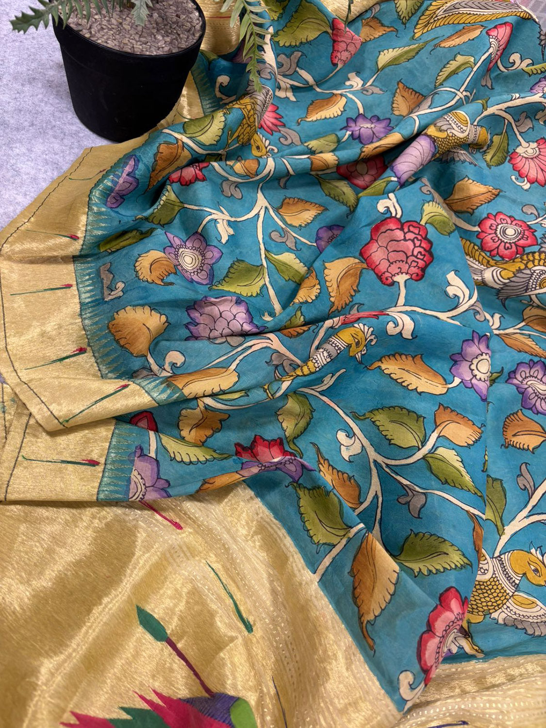 Multicolor Handloom Paithani With Kalamkari Pure Silk Dupatta