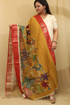 Yellow Kalamkari Hand Painted Mangalagiri Silk Dupatta - Luxurion World