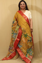 Yellow Kalamkari Hand Painted Mangalagiri Silk Dupatta - Luxurion World