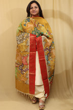 Yellow Kalamkari Hand Painted Mangalagiri Silk Dupatta - Luxurion World