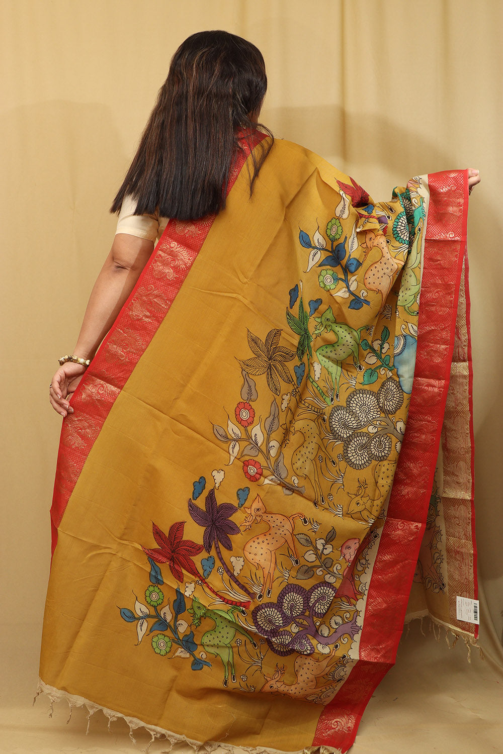 Yellow Kalamkari Hand Painted Mangalagiri Silk Dupatta - Luxurion World