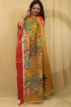 Yellow Kalamkari Hand Painted Mangalagiri Silk Dupatta - Luxurion World