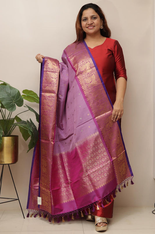 Exquisite Purple Kanjeevaram Pure Silk Handloom Dupatta With Contrast Border - Luxurion World