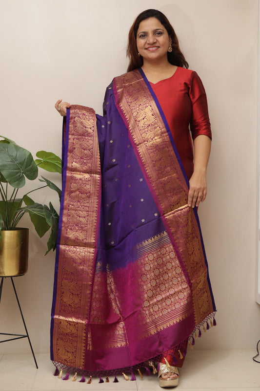 Blue Kanjeevaram Pure Silk Handloom Dupatta With Contrast Border - Luxurion World