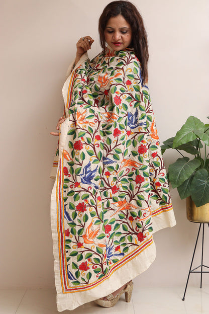 Multicolor Hand Embroidered Kantha Pure Tussar Silk Dupatta - Luxurion World
