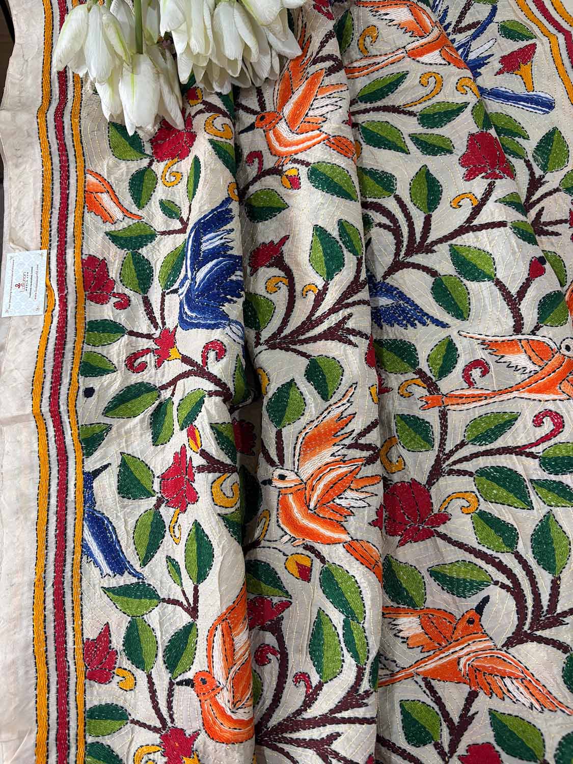 Multicolor Hand Embroidered Kantha Pure Tussar Silk Dupatta - Luxurion World