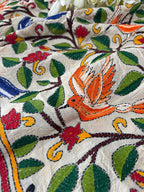 Multicolor Hand Embroidered Kantha Pure Tussar Silk Dupatta - Luxurion World