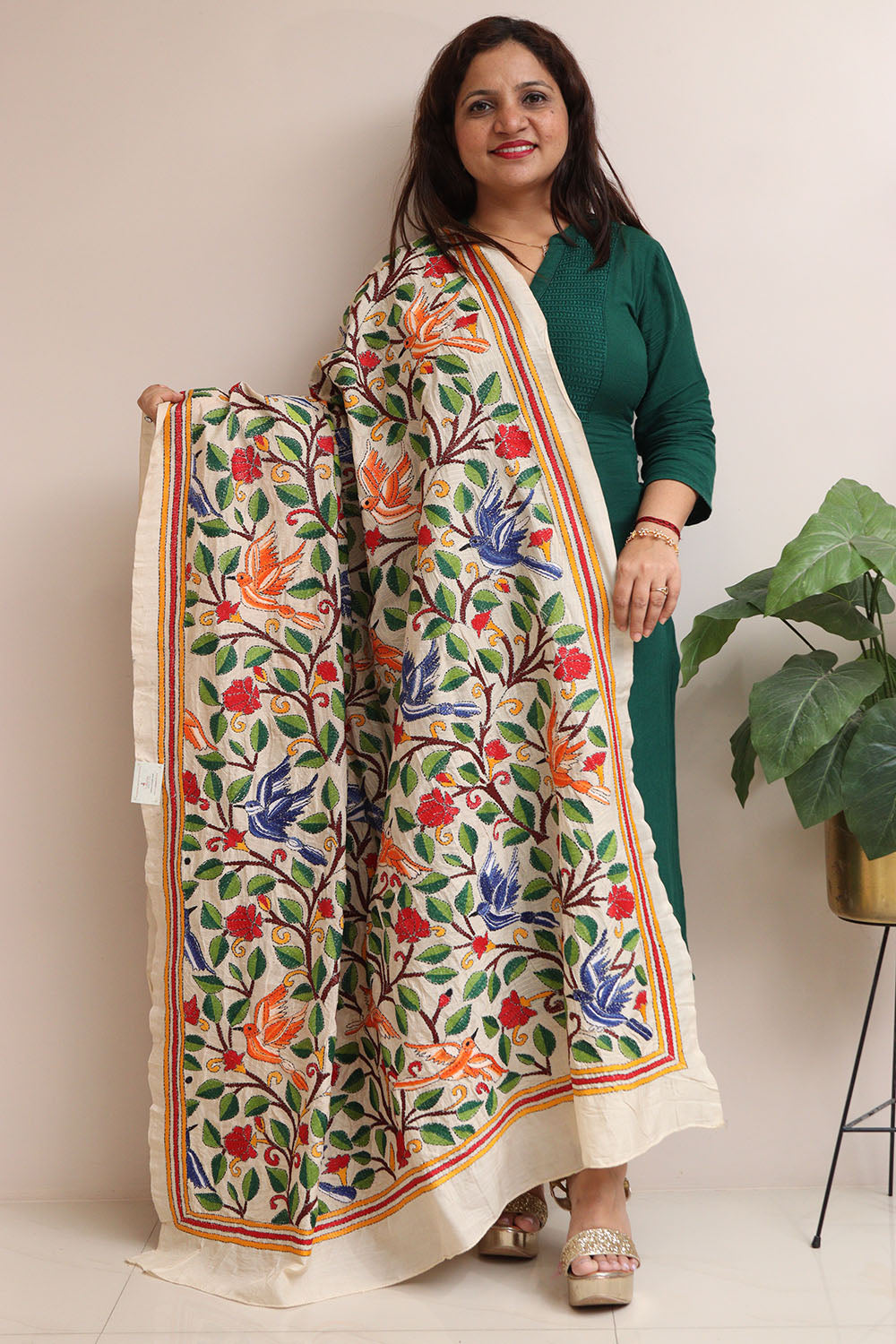 Multicolor Hand Embroidered Kantha Pure Tussar Silk Dupatta - Luxurion World