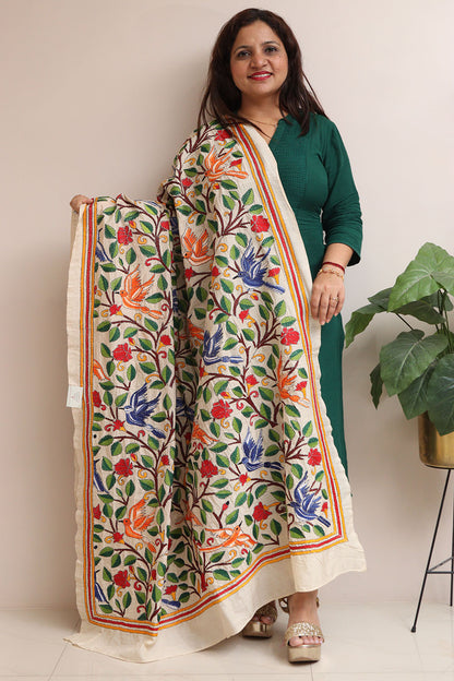 Multicolor Hand Embroidered Kantha Pure Tussar Silk Dupatta - Luxurion World