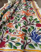 Multicolor Hand Embroidered Kantha Pure Tussar Silk Dupatta - Luxurion World