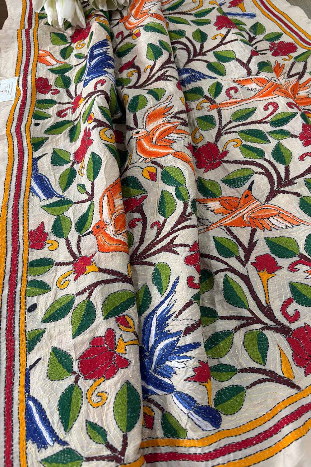 Multicolor Hand Embroidered Kantha Pure Tussar Silk Dupatta - Luxurion World