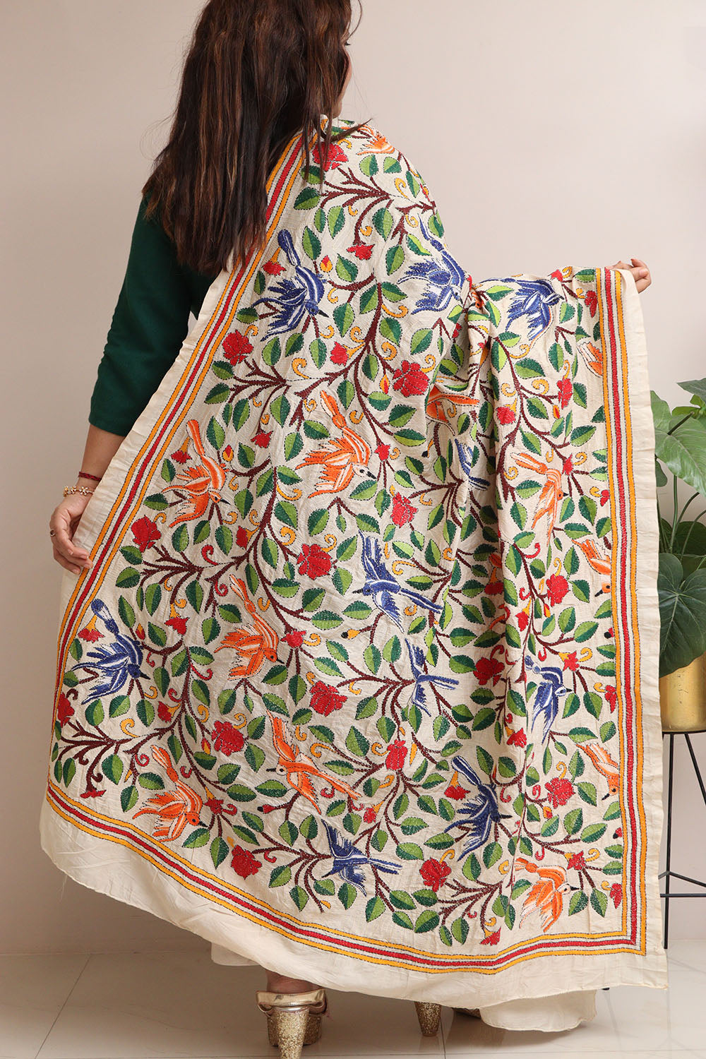 Multicolor Hand Embroidered Kantha Pure Tussar Silk Dupatta - Luxurion World