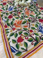Multicolor Hand Embroidered Kantha Pure Tussar Silk Dupatta - Luxurion World