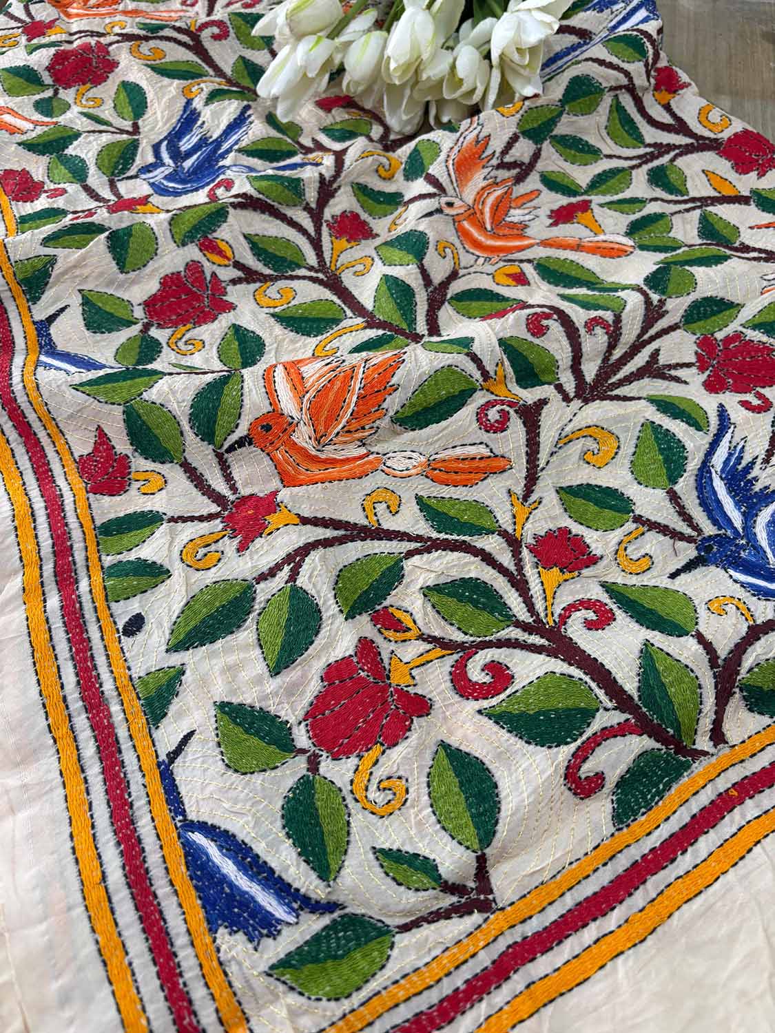 Multicolor Hand Embroidered Kantha Pure Tussar Silk Dupatta - Luxurion World