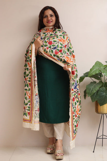 Multicolor Hand Embroidered Kantha Pure Tussar Silk Dupatta - Luxurion World