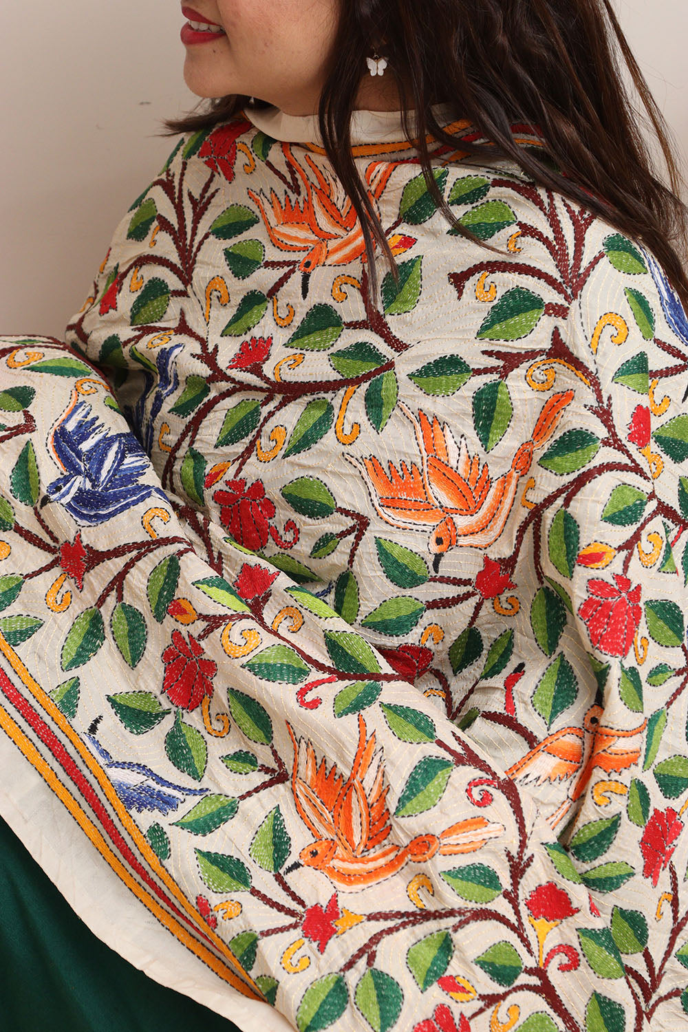 Multicolor Hand Embroidered Kantha Pure Tussar Silk Dupatta - Luxurion World