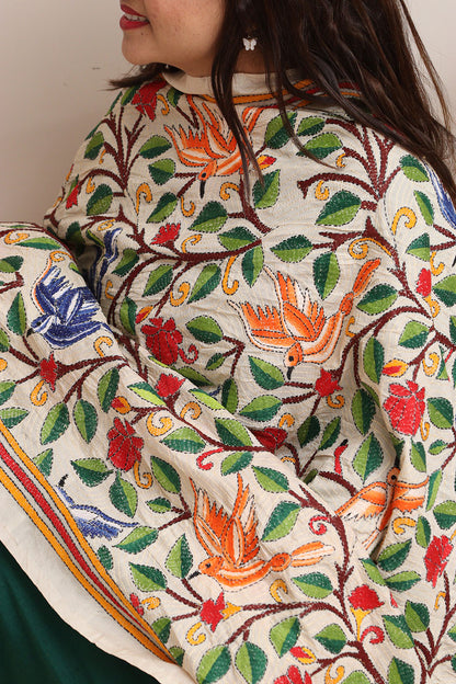 Multicolor Hand Embroidered Kantha Pure Tussar Silk Dupatta - Luxurion World