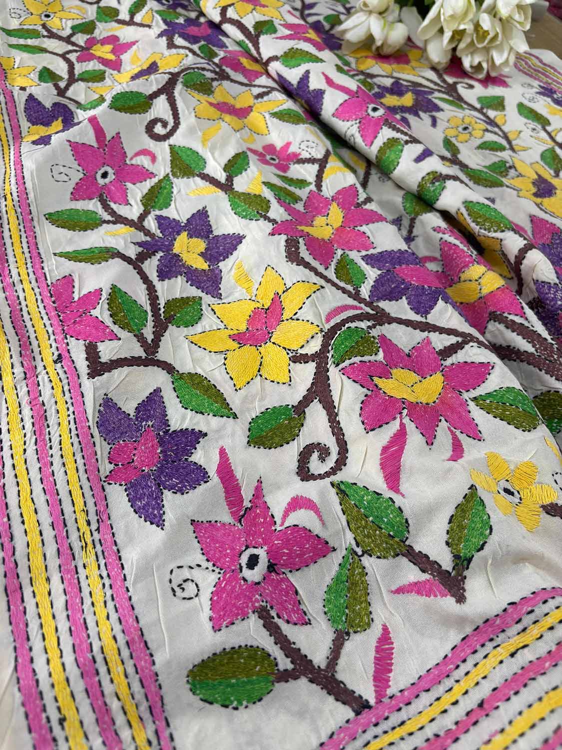 Multicolor Hand Embroidered Kantha Pure Tussar Silk Flower Design Dupatta - Luxurion World