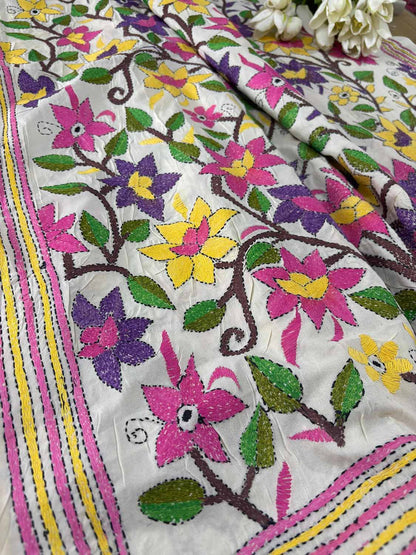 Multicolor Hand Embroidered Kantha Pure Tussar Silk Flower Design Dupatta - Luxurion World