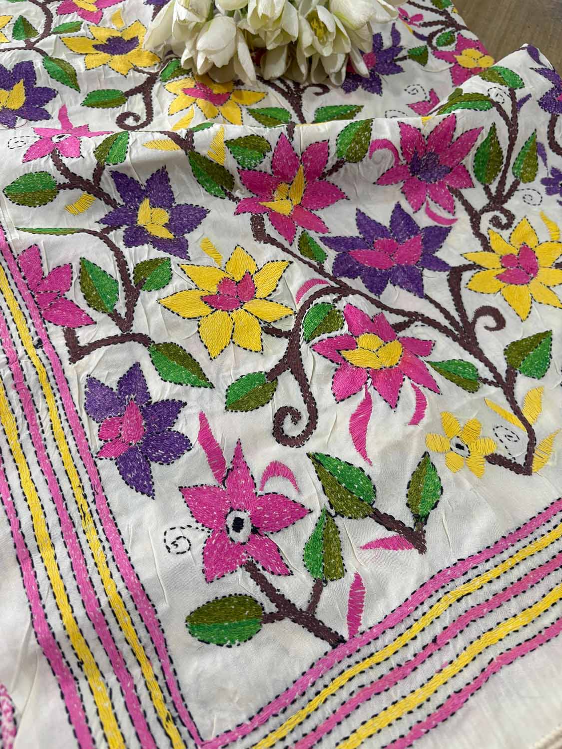 Multicolor Hand Embroidered Kantha Pure Tussar Silk Flower Design Dupatta - Luxurion World