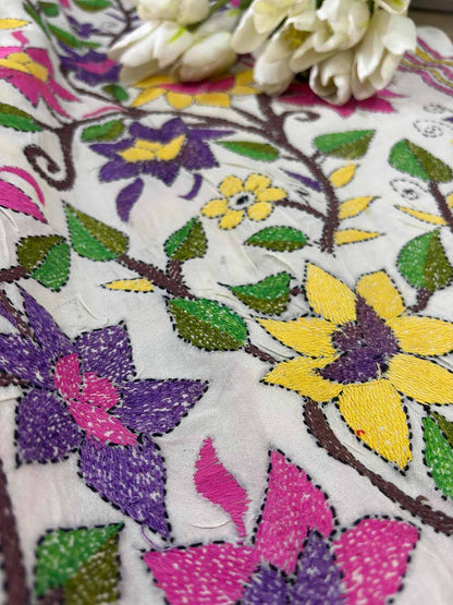 Multicolor Hand Embroidered Kantha Pure Tussar Silk Flower Design Dupatta - Luxurion World
