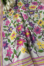 Multicolor Hand Embroidered Kantha Pure Tussar Silk Flower Design Dupatta - Luxurion World