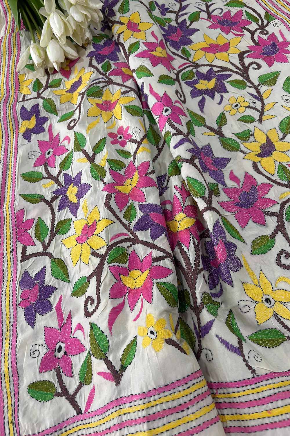 Multicolor Hand Embroidered Kantha Pure Tussar Silk Flower Design Dupatta - Luxurion World